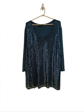 Slinky Brand 1X Deep Teal Sequin Tunic Top Plus Size Travel Comfort